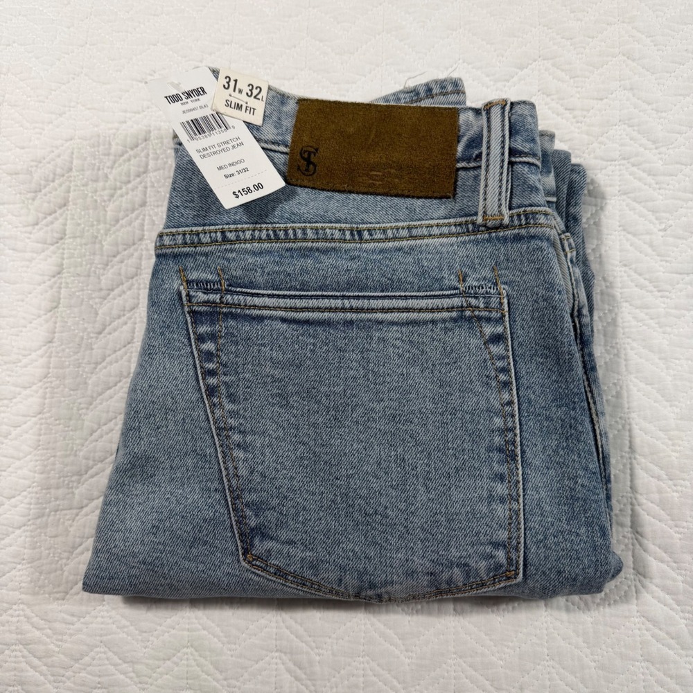 Todd Snyder Slim Fit Stretch Destroyed Jeans Med Indigo 31x32 JE099457-BL43 NWT